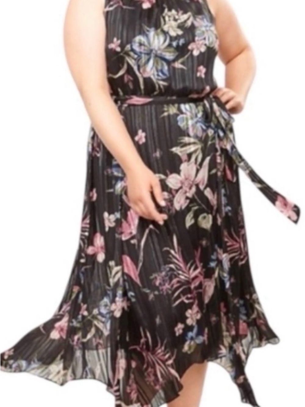 Lane Bryant floral dress Floral Pleated Midi Dress with Tie Waist - Black/Pink